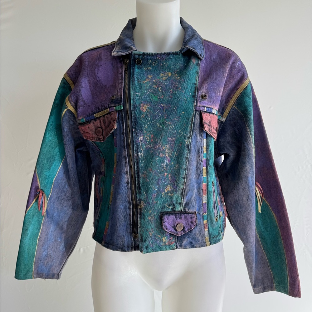 Vintage 1980s Hand Painted Denim Purple & Teal Women's Crop Jean Jacket - Picture 4 of 17